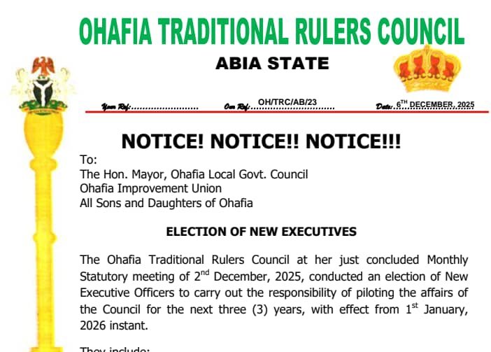 Ohafia Traditional Rulers Council Elects New Executive Officers To Man Her Affairs